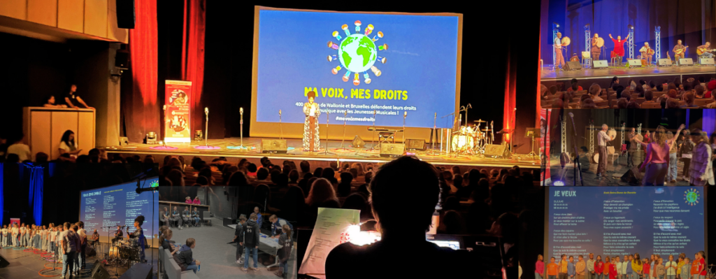 Salle du Delta remplie par plus de 400 enfants présents pour des ateliers de sensibilisation, des concerts et leur interprétation de leur chanson sur scène. 