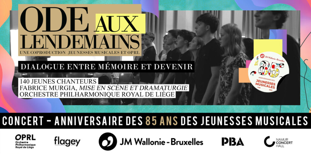 Les 140 adolescents et l’Orchestre Philharmonique Royal de Liège en répétition pour le concert Odes aux lendemains, célébrant les 85 ans des Jeunesses Musicales.